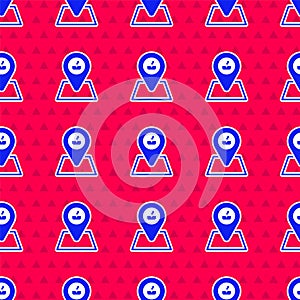 Blue Picnic location icon isolated seamless pattern on red background. Vector