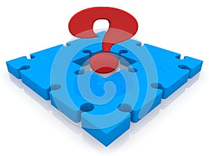 Blue pieces of a puzzle with a red question mark in the center