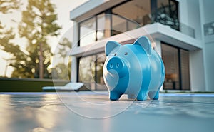 Blue piggy bank against the backdrop of an expensive villa. Real estate purchase and insurance concept