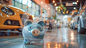 Blue piggy bank in a car showroom against the background of cars. Car leasing or loan concept