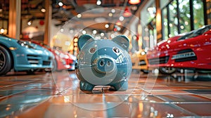 Blue piggy bank in a car showroom against the background of cars. Car leasing or loan concept