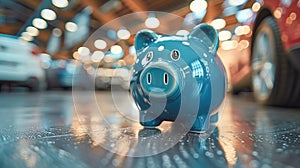 Blue piggy bank in a car showroom against the background of cars. Car leasing or loan concept