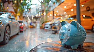 Blue piggy bank in a car showroom against the background of cars. Car leasing or loan concept