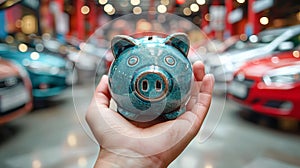 Blue piggy bank in a car showroom against the background of cars. Car leasing or loan concept