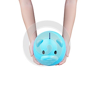 Blue piggy bank or colorful empty money savings box and asian little   child hand holding isolated on white background with