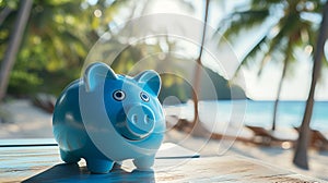 Blue piggy bank on an empty wooden background overlooking the sea and the beach. Vacation concept