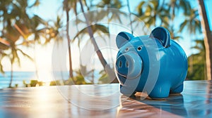 Blue piggy bank on an empty wooden background overlooking the sea and the beach. Vacation concept