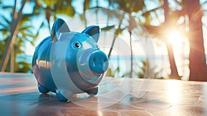 Blue piggy bank on an empty wooden background overlooking the sea and the beach. Vacation concept