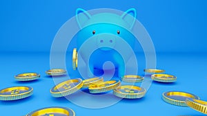 Blue piggy bank and falling coins