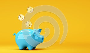 Blue piggy bank with falling dollar coins on bright background