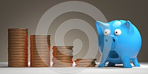 Blue piggy bank and gold coins 3d illustration