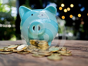 Blue piggy bank with .gold coins pile, Saving money for future investment plan and retirement fund concept