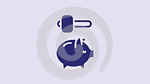 Blue Piggy bank and hammer icon isolated on purple background. Icon saving or accumulation of money, investment. 4K