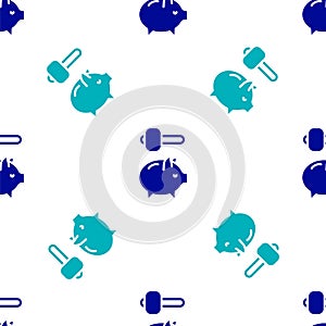 Blue Piggy bank and hammer icon isolated seamless pattern on white background. Icon saving or accumulation of money