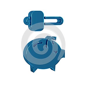 Blue Piggy bank and hammer icon isolated on transparent background. Icon saving or accumulation of money, investment.