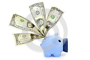 Blue piggy bank and US dollars