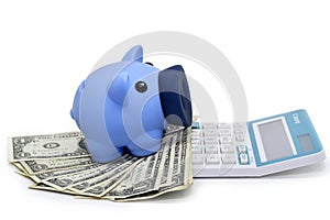 Blue piggy bank and US dollars with calculator