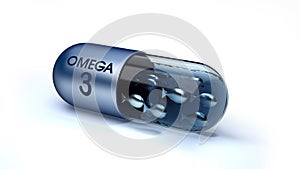 Blue pill or capsule filled with vitamin Omega 3 isolated.