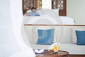 Blue pillow on the sofa, interior, indoor, modern