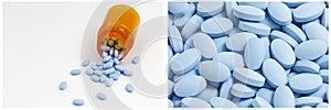 Blue pills drug bottle prescription collage