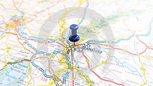 A blue pin stuck in Bratislava on a map of Slovakia