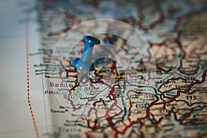 BÃÂ¸mlo, Norway, blue pinhead on map.