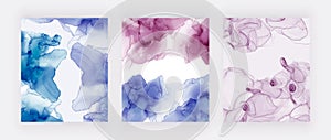 Blue and pink alcohol ink backgrounds. Abstract hand painted covers. Fluid art painting design. Trendy template for banner, flyer,