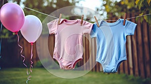 Blue and pink baby bodysuits on a clothesline with clothespins, pink and blue balloons in garden. Gender reveal concept
