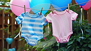 Blue and pink baby bodysuits on a clothesline with clothespins, pink and blue balloons in garden. Gender reveal concept
