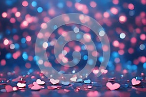 blue and pink background with hearts and bokeh