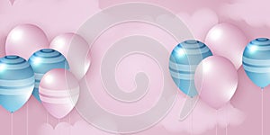 Blue pink balloons, vector illustration. Celebration background template. Celebration banner with gold confetti and balloons.