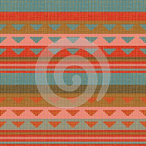 Blue, pink, brown and red stripes and triangular shapes. Seamless linen texture in retro style. Abstract pattern