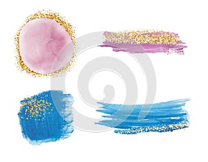 Blue and pink brush stroke watercolor with gold glitter texture, confetti.