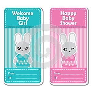 Blue and pink bunny girl on striped background suitable for baby shower label design