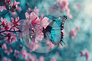 blue and pink butterfly flying over the flower