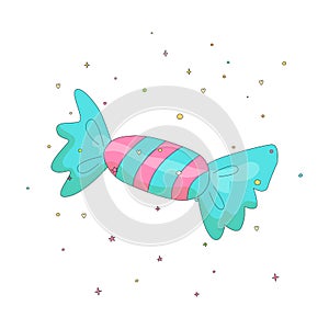 Blue and pink candy fun cartoon vector icon. Sweet candy cartooning illustration with decoration on white background