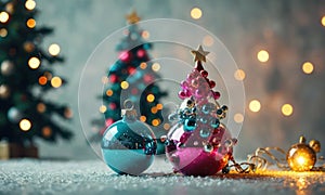 A blue and pink christmas tree ornament sits on a table next to a red and blue christmas tree ornament.
