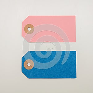 Blue and pink color empty gift cards, Blank price tags isolated on transparent background. PNG