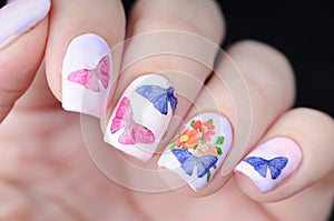 Blue pink color manicure with butterfly print