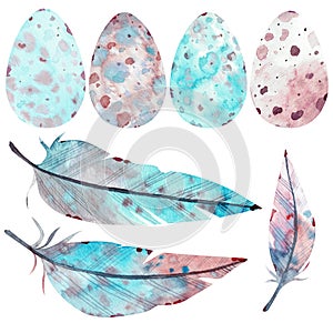 Blue and pink eggs and feathers. Easter clip-art. Watercolor illustration