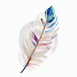 Blue pink feather of fairy tale bird in watercolor style