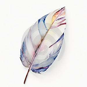 Blue pink feather of fairy tale bird in watercolor style