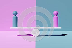 Blue and pink figures on scale in balance on pink and blue background, abstract concept of male and female gender equality