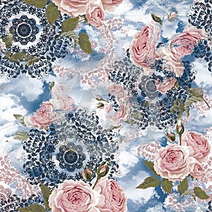 Blue and pink floral damask watercolor seamless pattern