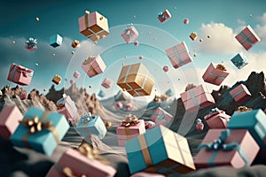 Blue and pink flying gift boxes