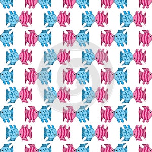 Blue pink funny fish art seamless pattern