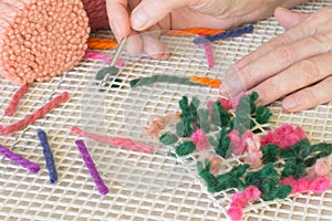 Blue, pink, green wool threads for weaving rugs home