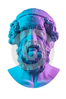 Blue pink gypsum copy of ancient statue Homer head for artists. Plaster antique sculpture of human face. Ancient greek