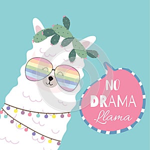 Blue pink hand drawn cute card with llama,glasses,heart.no drama llama