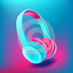 Blue and pink headphones isolated on bluee background, realistic vector illustration.